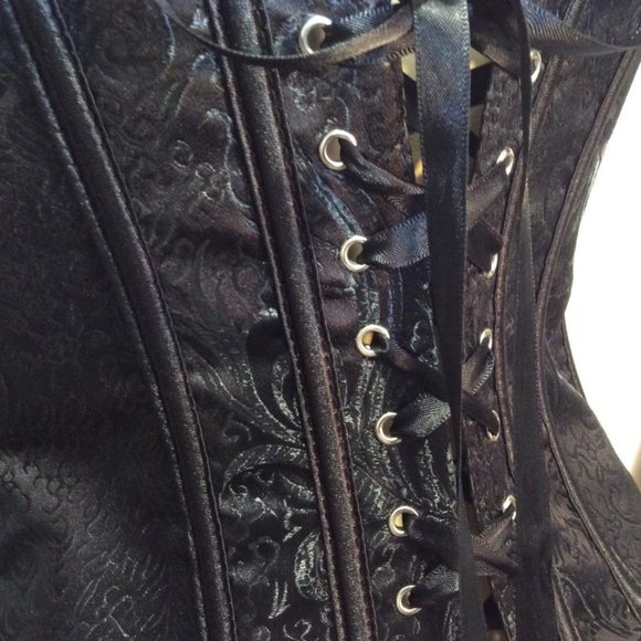 Sexy Lace Up Corset Bustier Black Satiny floral Brocade NWOT Womens Size XL - Picture 11 of 14